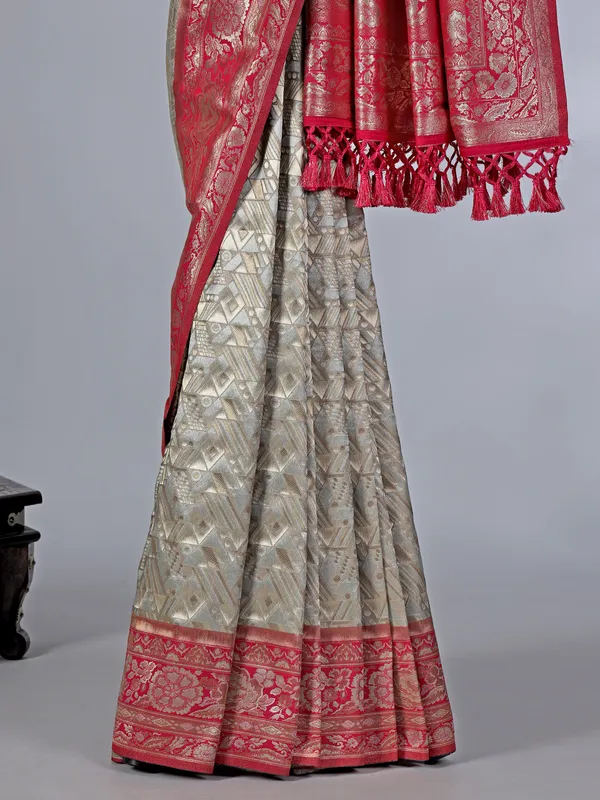 Grey tissue silk saree with thread and zari work