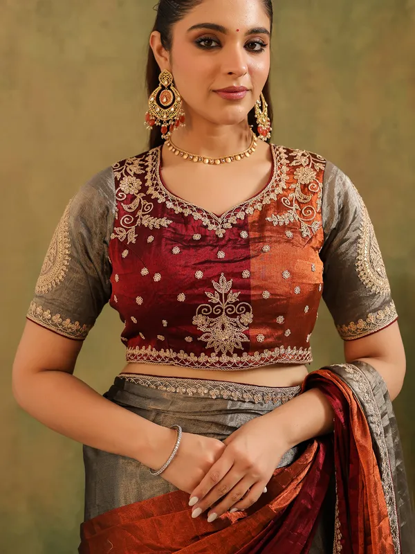 Grey tissue silk saree with unstitched blouse