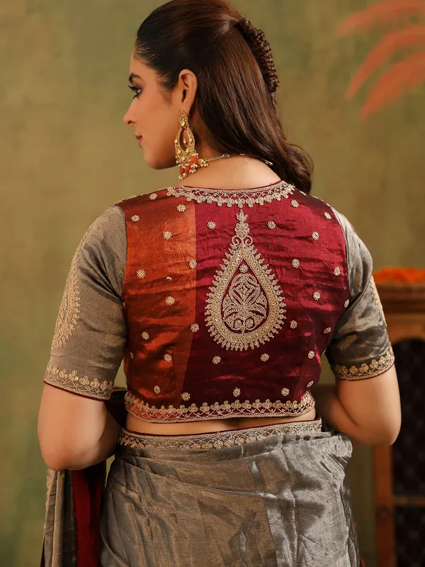 Grey tissue silk saree with unstitched blouse