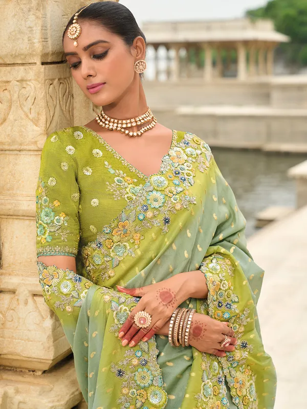 Grey tissue silk saree with zardosi elegance