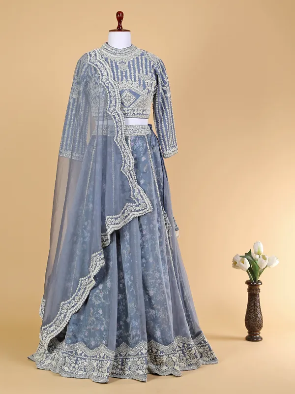 Grey wedding lehenga choli in organza