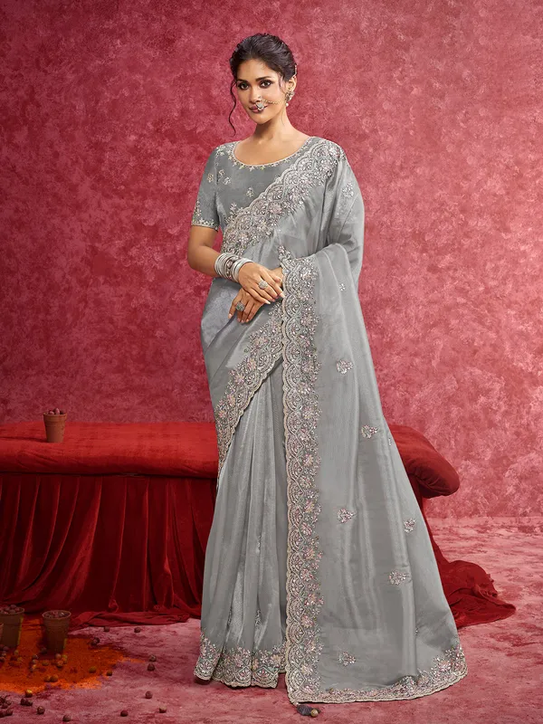 Grey wedding wear saree in tissue silk