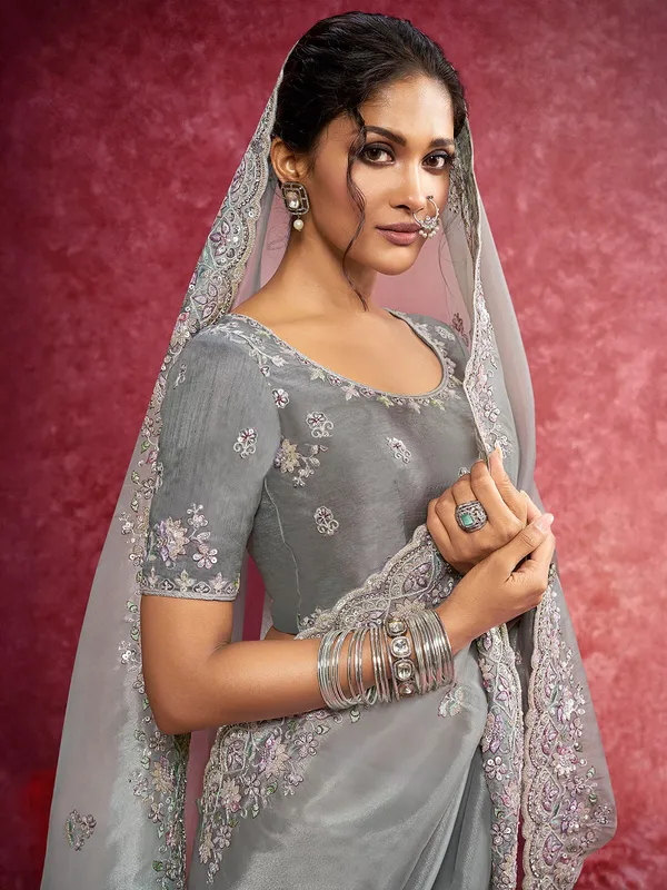 Grey wedding wear saree in tissue silk