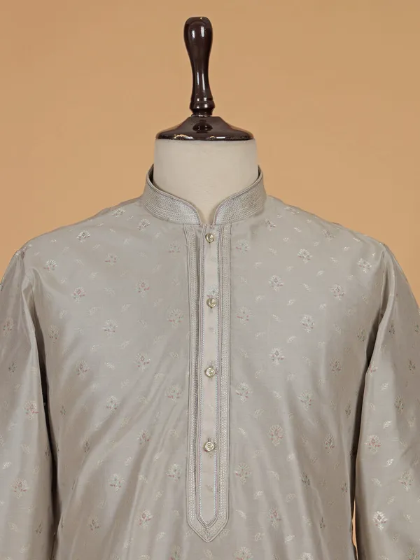 Grey zari textured silk kurta suit for men