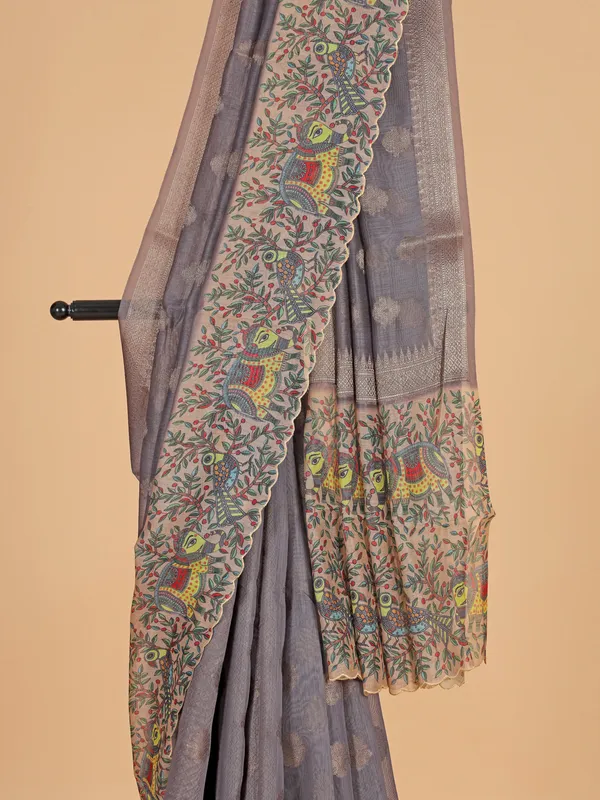 Grey zari weaving semi cotton silk saree