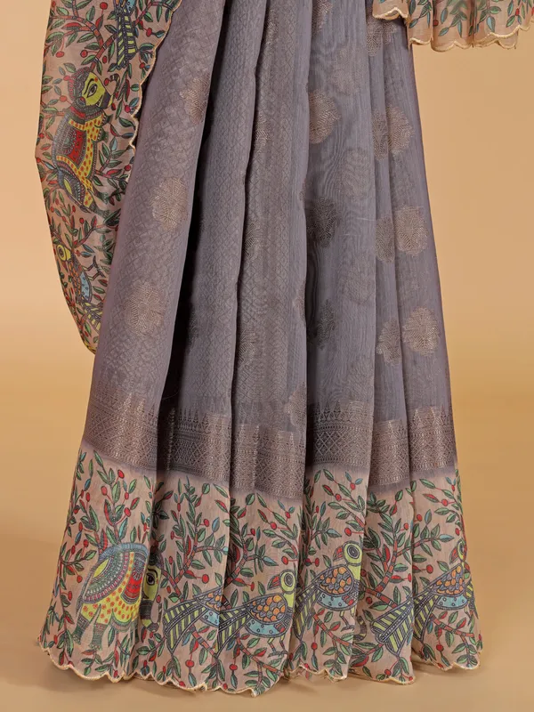 Grey zari weaving semi cotton silk saree