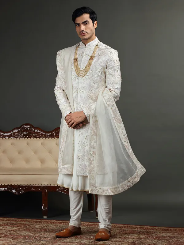 Groom off white raw silk sherwani