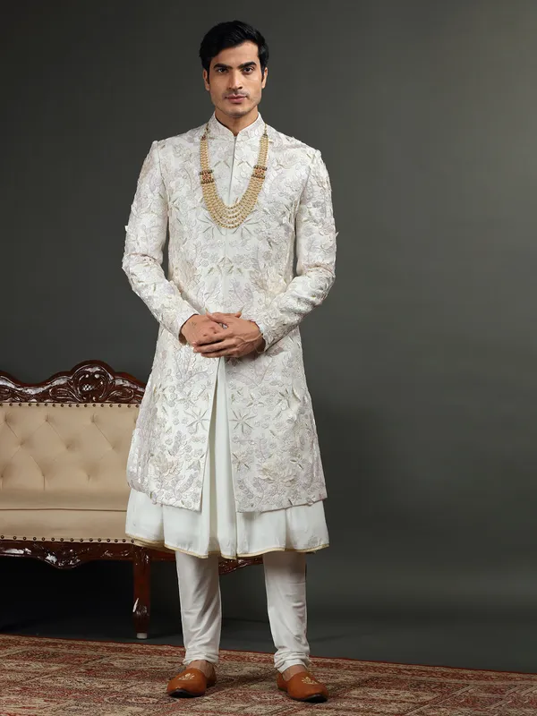 Groom off white raw silk sherwani