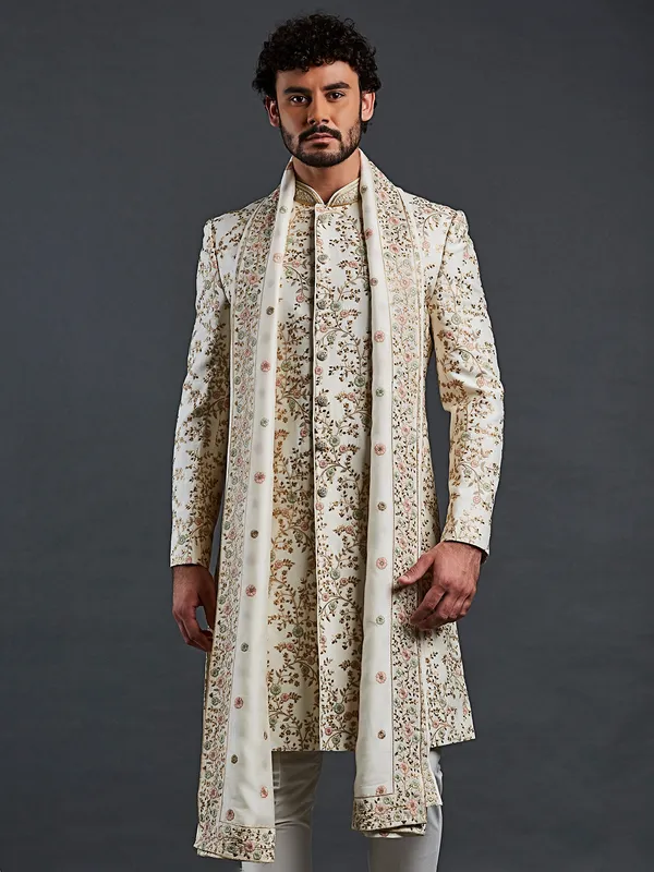 groom style cream raw silk shewani for wedding