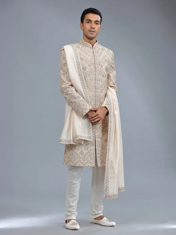 Groom style raw silk cream raw silk sherwani for men