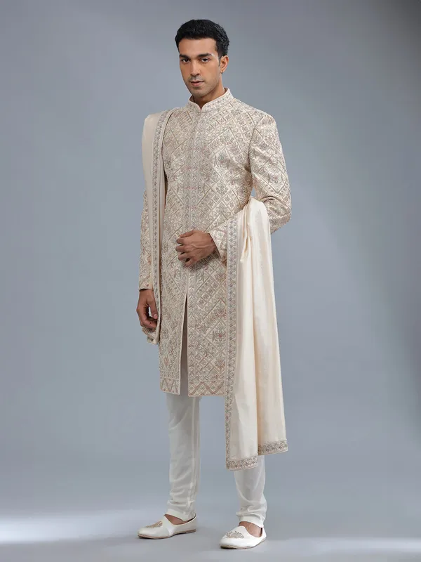 Groom style raw silk cream raw silk sherwani for men