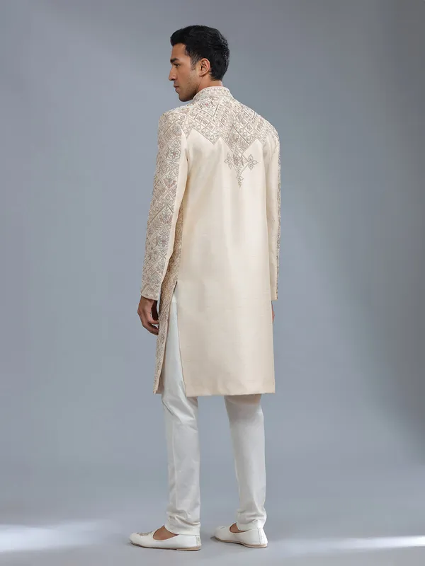 Groom style raw silk cream raw silk sherwani for men