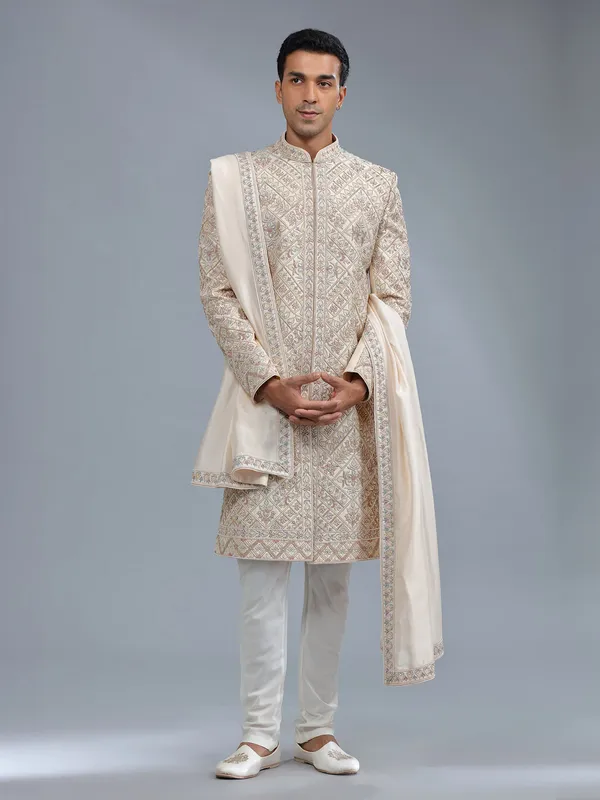 Groom style raw silk cream raw silk sherwani for men