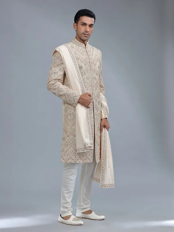Groom style raw silk cream raw silk sherwani for men