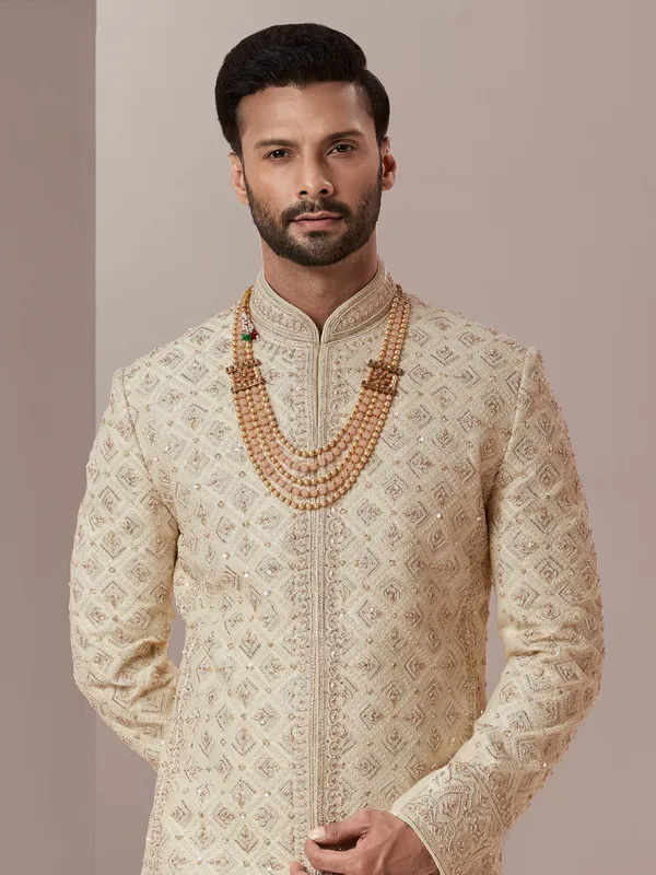 Groom wear beige raw silk fabric sherwani