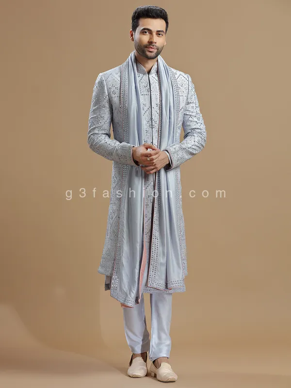 Groom wear grey raw silk sherwani