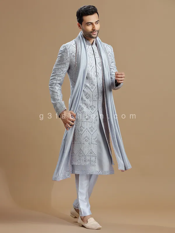 Groom wear grey raw silk sherwani