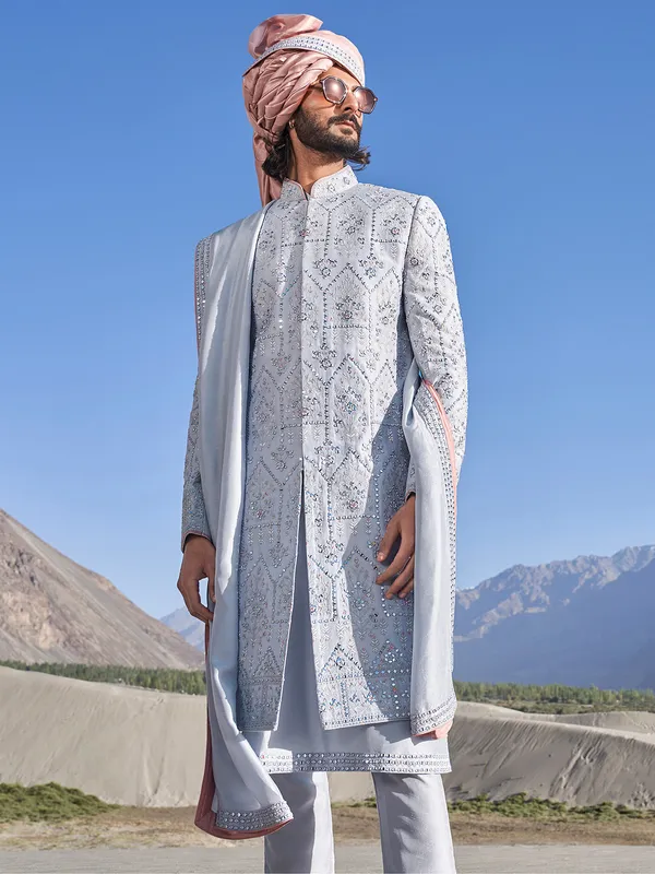 Groom wear grey raw silk sherwani