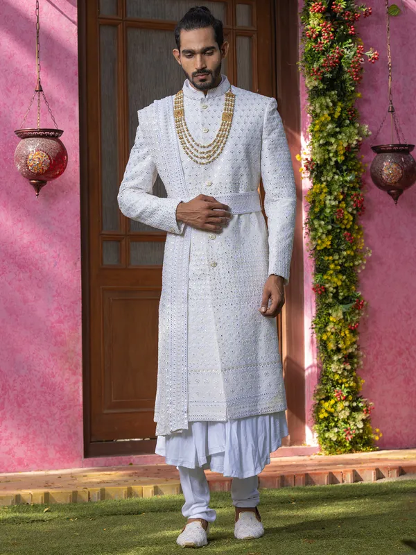 Groom wear off white silk shewani