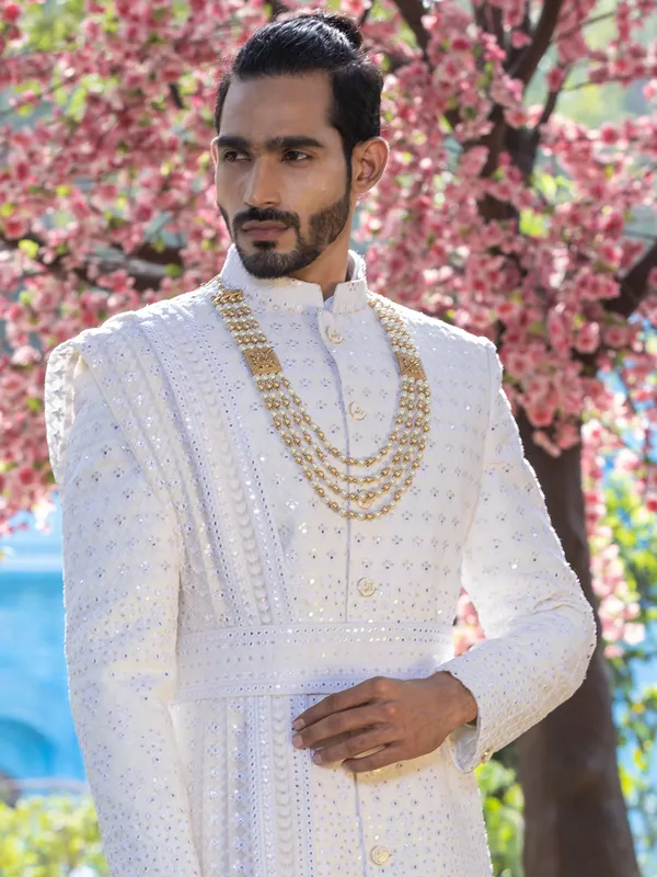 Groom wear off white silk shewani