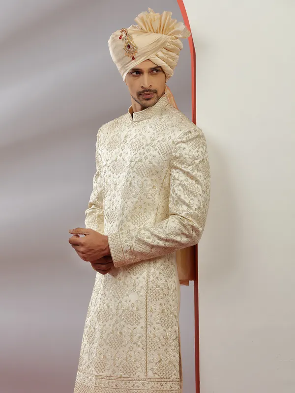 Groom wear raw silk sherwani in cream for men