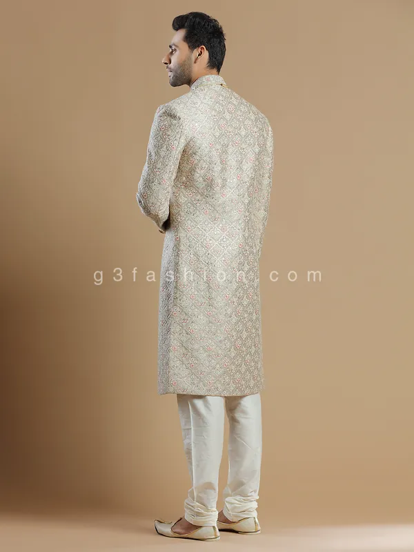 Groom wear raw silk sherwani in fawn beige