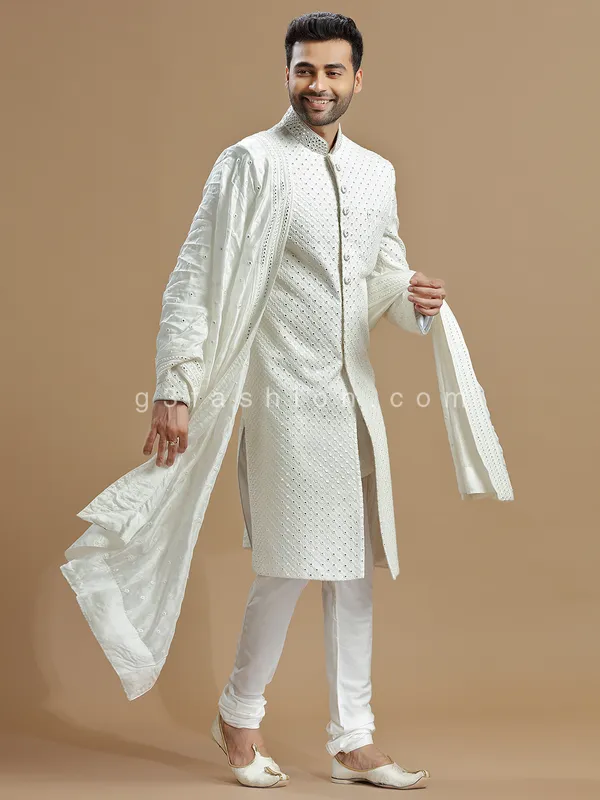 Groom wear raw silk white sherwani