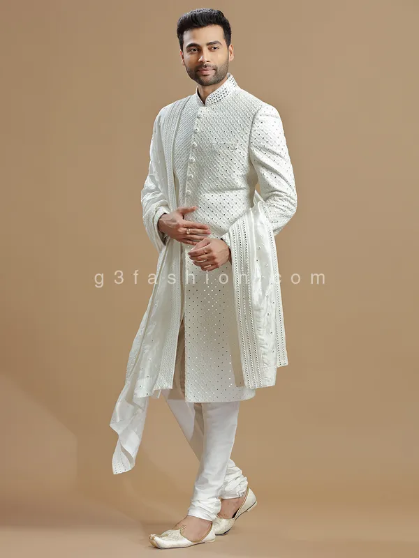 Groom wear raw silk white sherwani