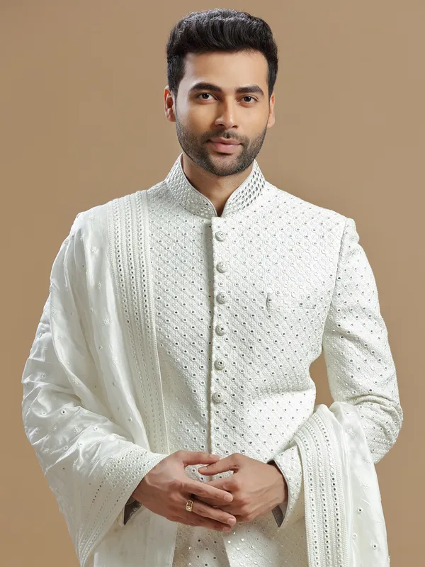 Groom wear raw silk white sherwani