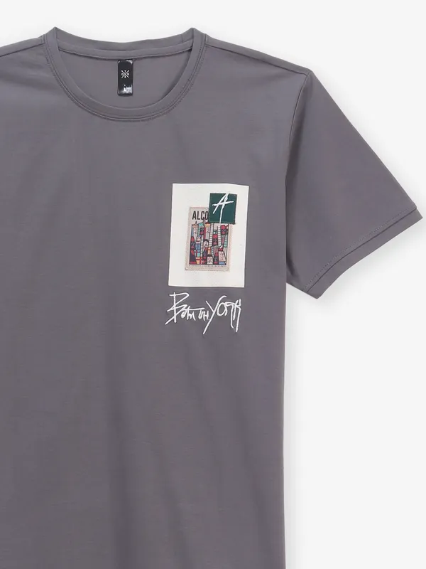 GS78 grey printed cotton slim fit t-shirt