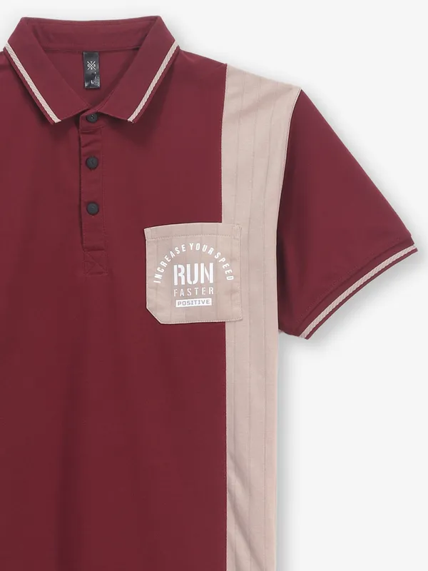 GS78 maroon color block cotton polo t-shirt