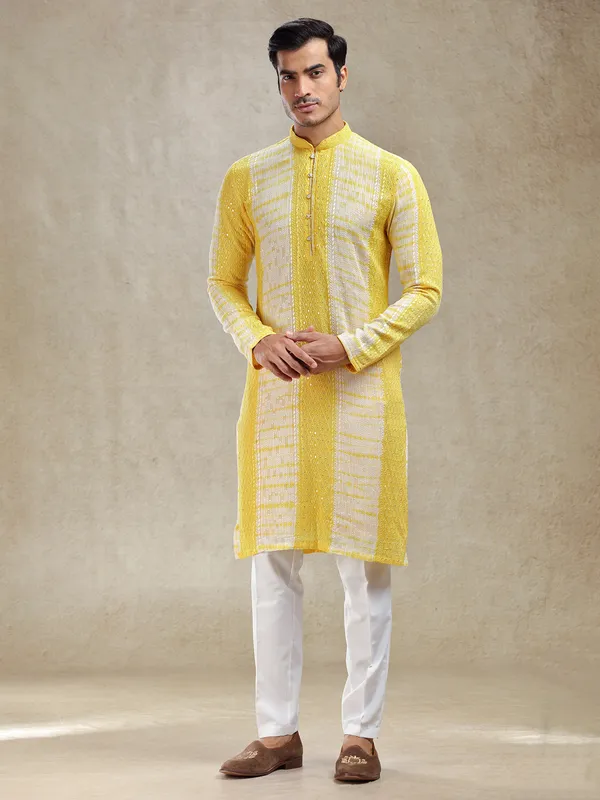Haldi special printed yellow kurta suit for men