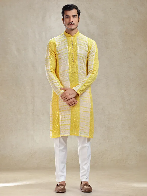 Haldi special printed yellow kurta suit for men