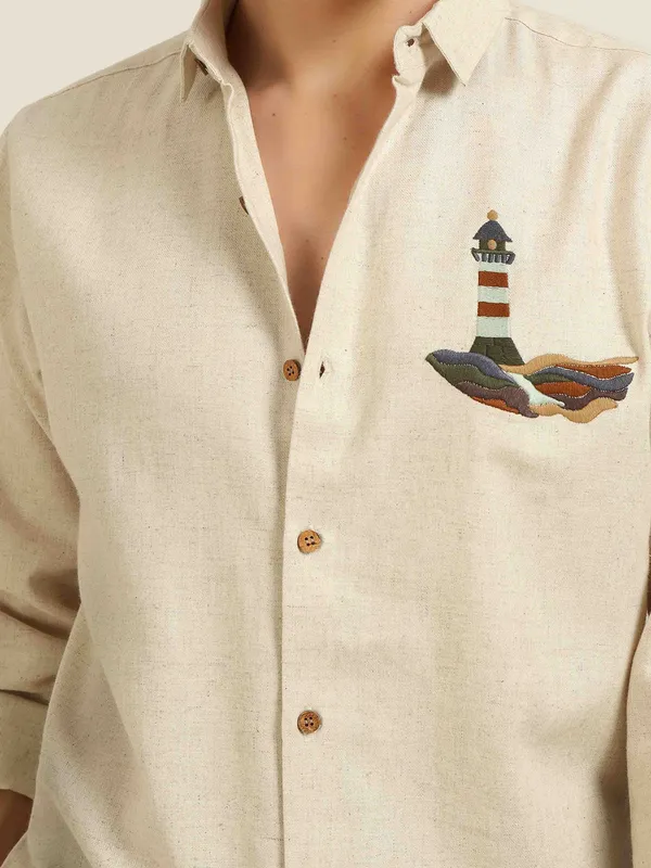 HAMPTONS beige mens casual shirt in embroidery design