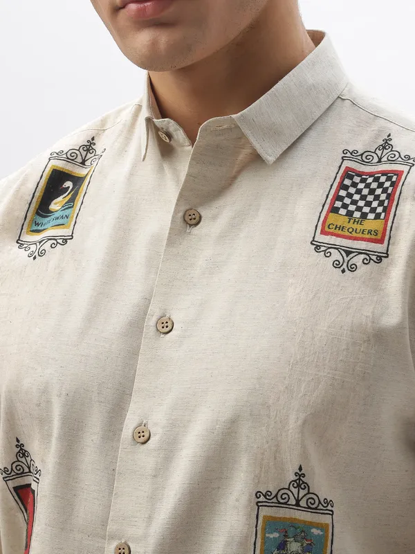 HAMPTONS cream opaque printed casual shirt