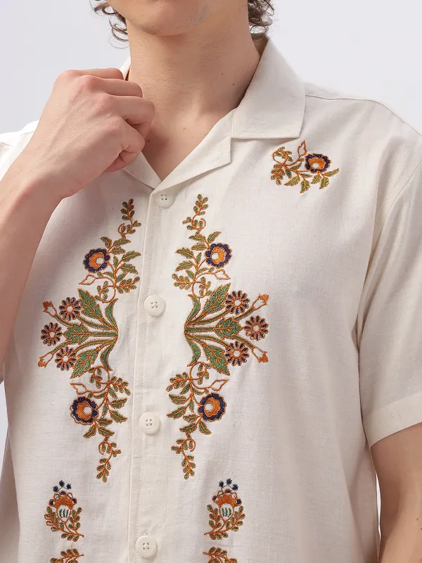 HAMPTONS light cream notch lapel cotton linen casual shirt