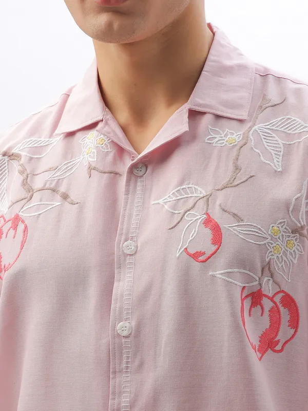 HAMPTONS pink cotton linen embroidered casual shirt