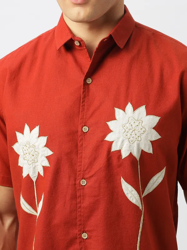 HAMPTONS rust red slim fti embroidered shirt