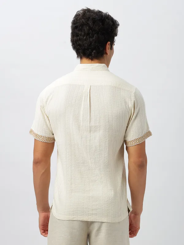 HAMPTONS textured beige slim fit cotton linen shirt