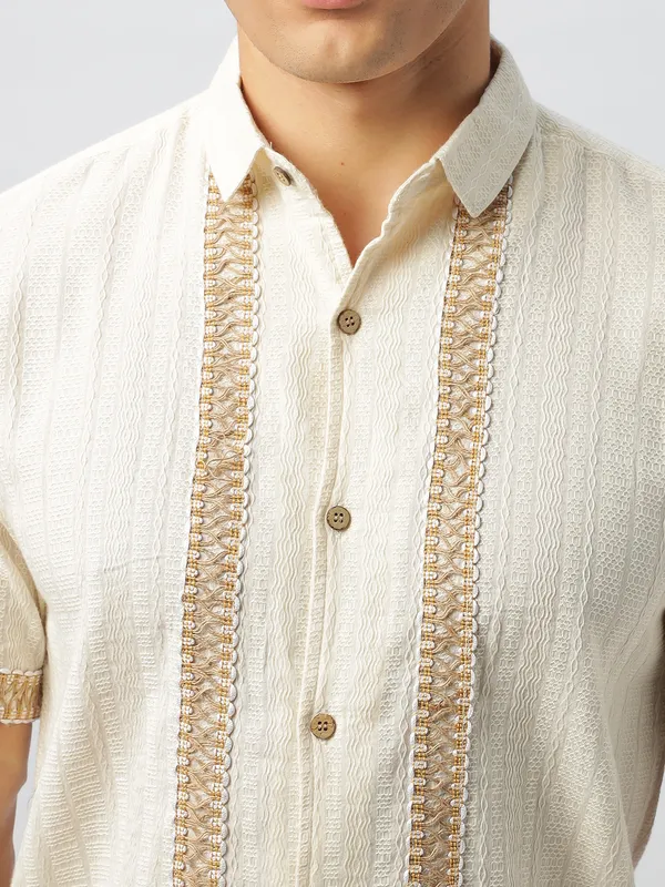 HAMPTONS textured beige slim fit cotton linen shirt