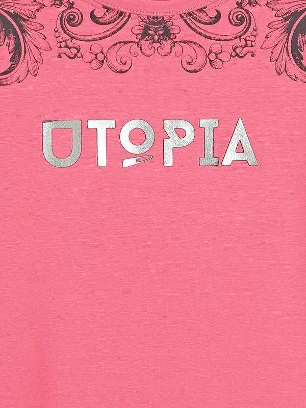 Hats Off coral pink cotton printed t shirt