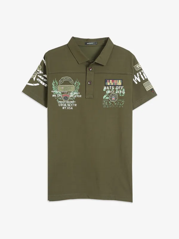 Hats Off olive cotton printed t shirt