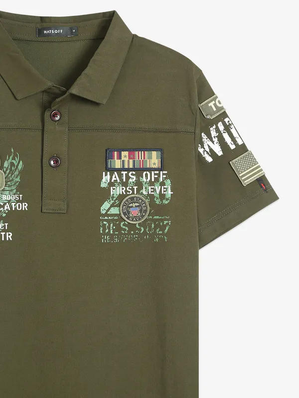 Hats Off olive cotton printed t shirt