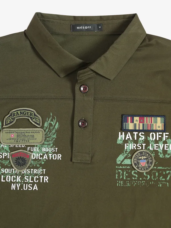 Hats Off olive cotton printed t shirt