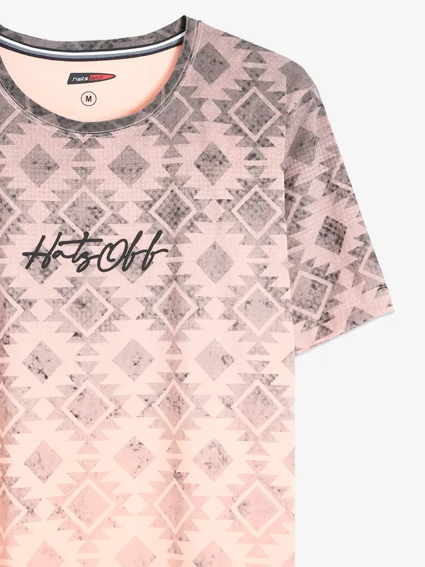 Hats Off peach cotton printed t shirt