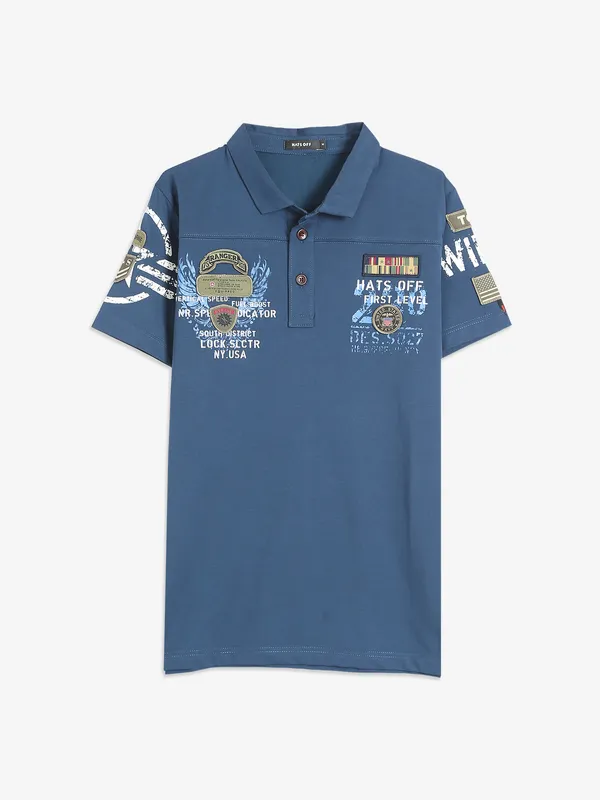 Hats Off printed blue cotton t shirt