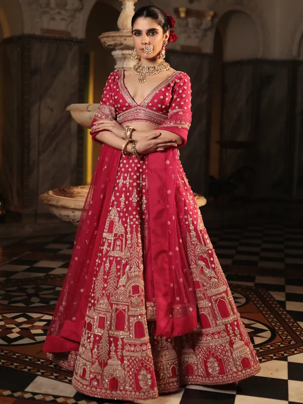 Heavy magenta raw silk lehenga choli