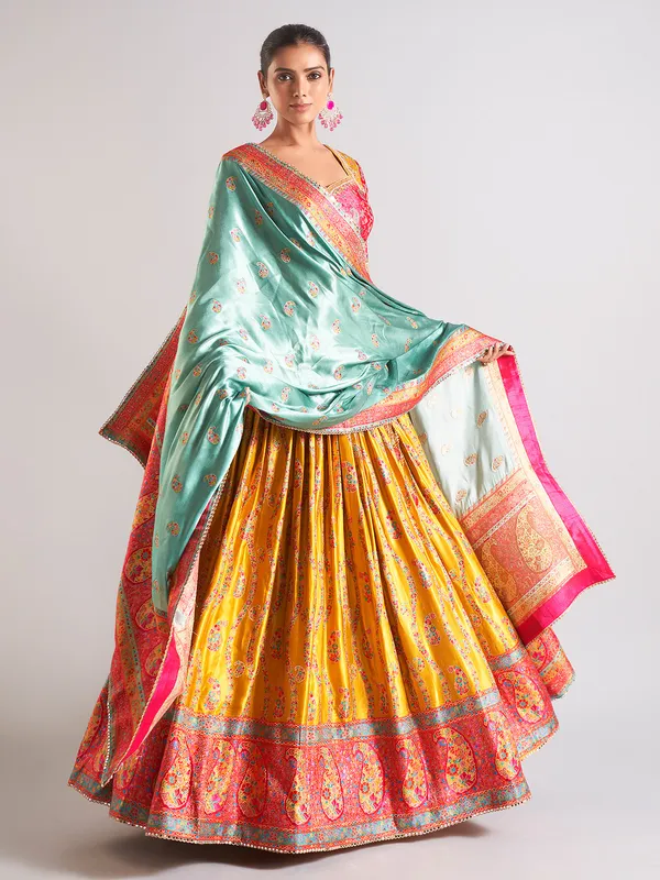 Heavy mustard yellow silk lehenga choli