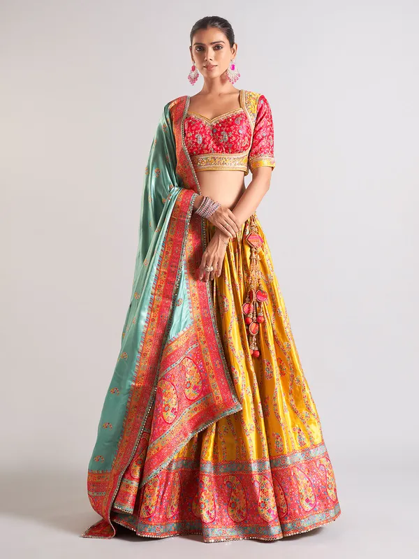 Heavy mustard yellow silk lehenga choli