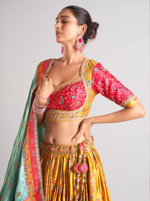 Heavy mustard yellow silk lehenga choli
